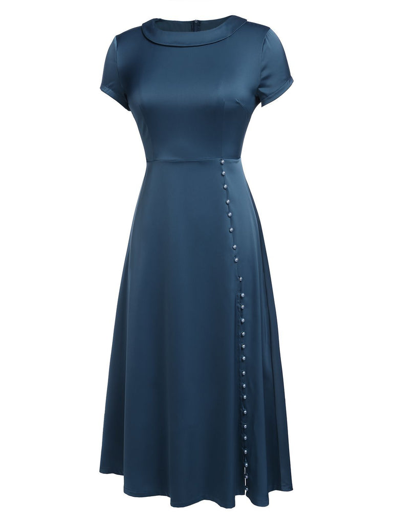 Robe Années 40 Bleu avec Boutons Perles