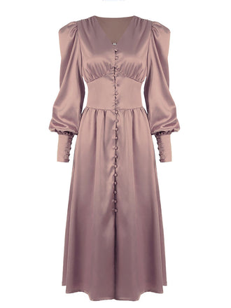 Robe Vintage Année 40 Solide avec Boutons Manches Bouffantes Chic