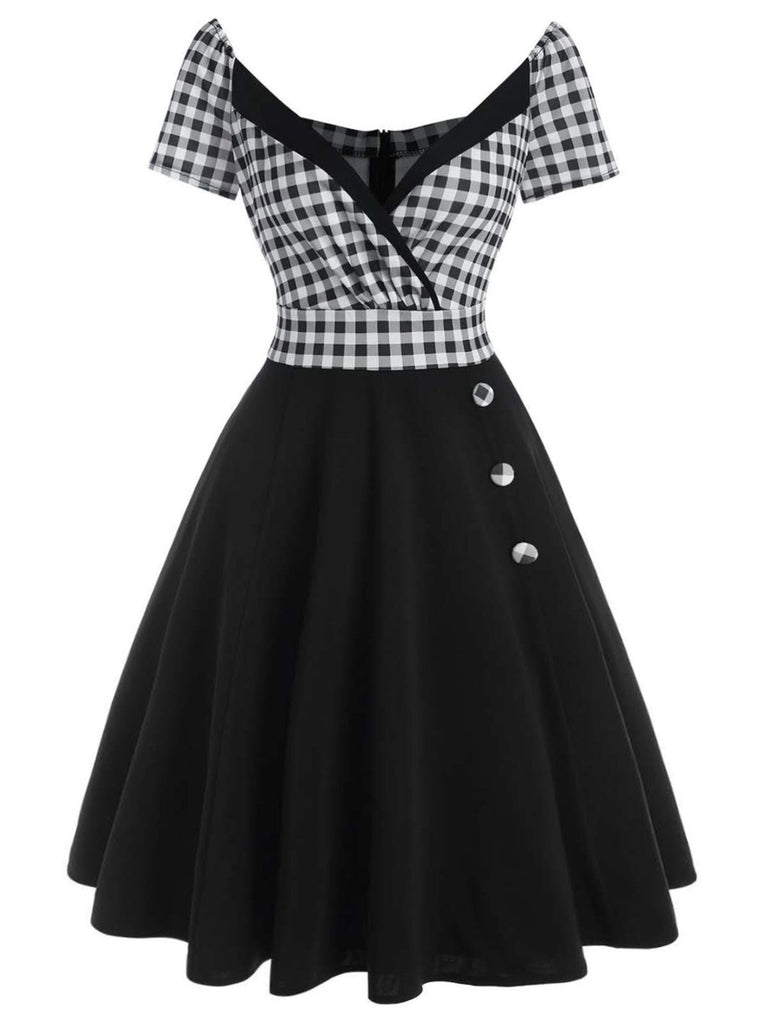 Robe Swing Vintage Année 50 à Carreaux Patchwork Noire Chic