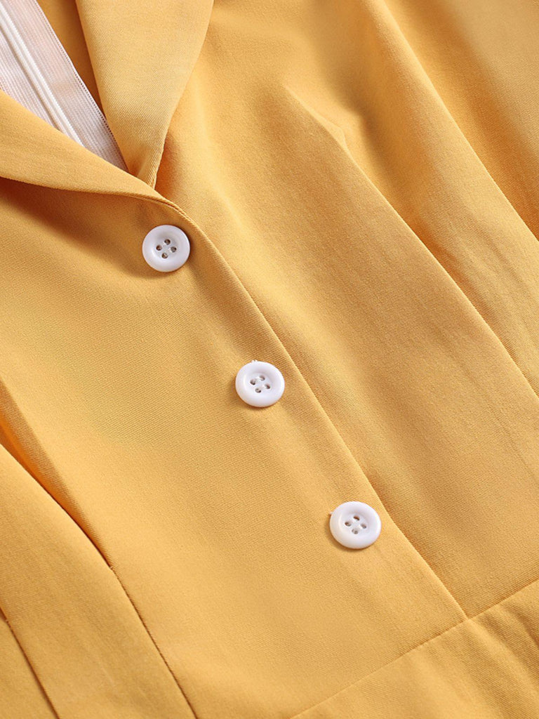 Robe Swing Jaune Vintage Année 50 à Col V avec Boutons Chic