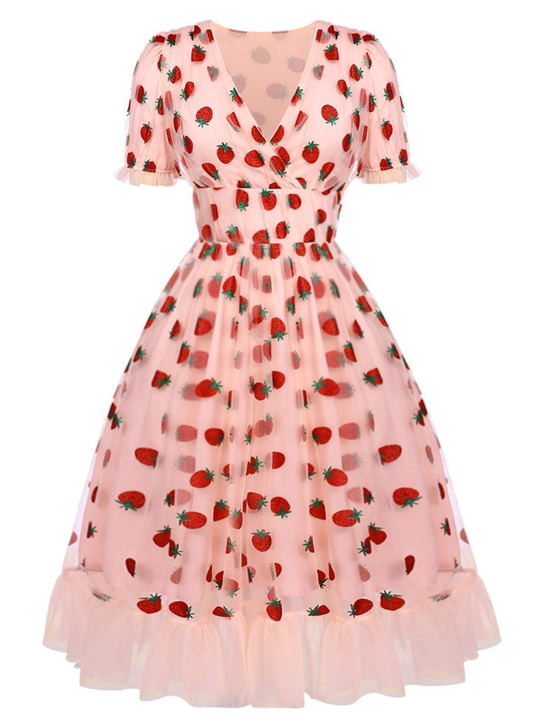 Robe Swing Vintage Année 50 Gaze Rose Fraise Soirée Cocktail Pin Up