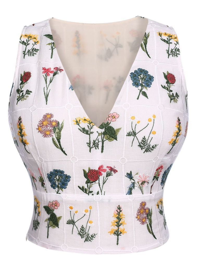 Top Vintage Floral Broderie Sans Manches Rétro Chic