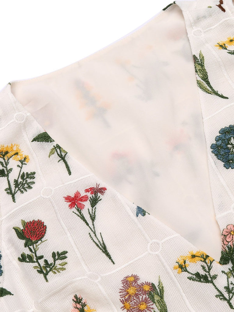 Top Vintage Floral Broderie Sans Manches Rétro Chic