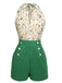 Combishort Vert Vintage Années 50 à Fleur avec Boutons Chic