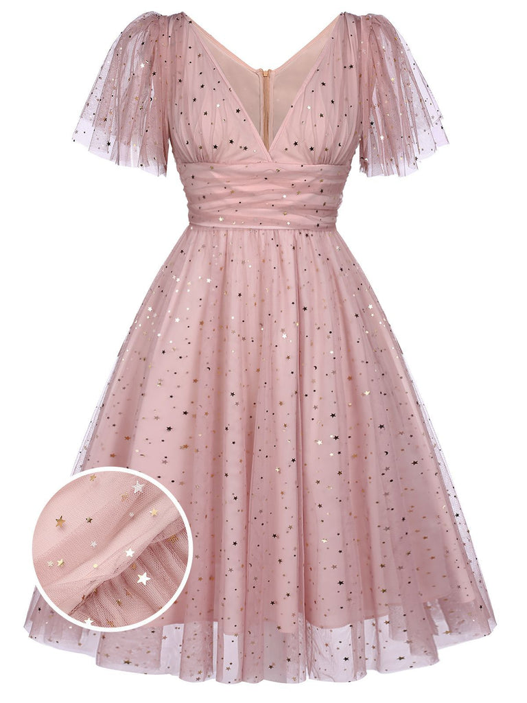 Robe Années 50 Trapèze Rose en Dentelle à Paillettes Étoilées