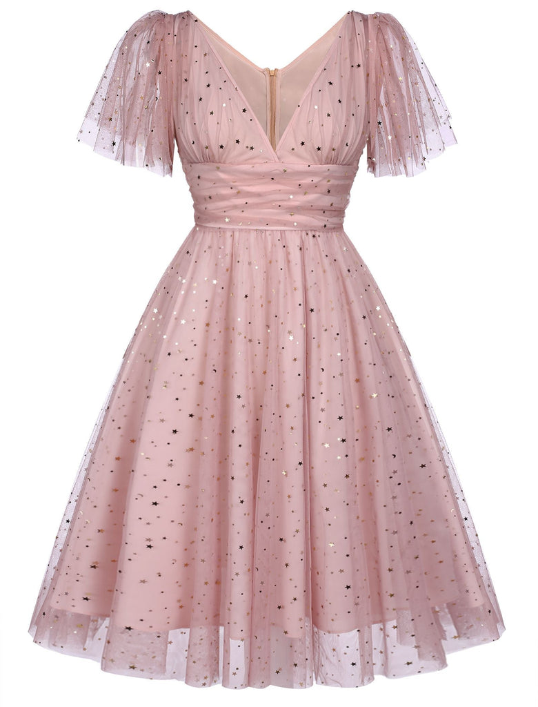 Robe Années 50 Trapèze Rose en Dentelle à Paillettes Étoilées Cocktail