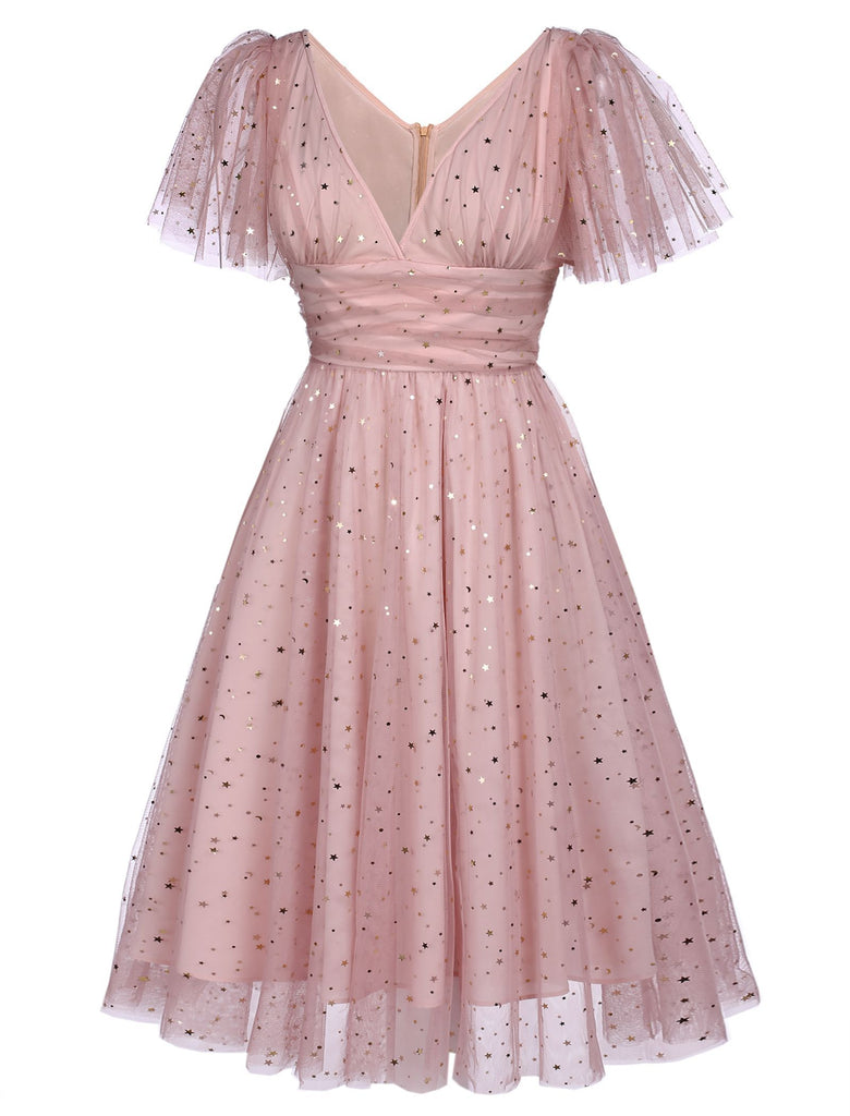 Robe Années 50 Trapèze Rose en Dentelle à Paillettes Étoilées