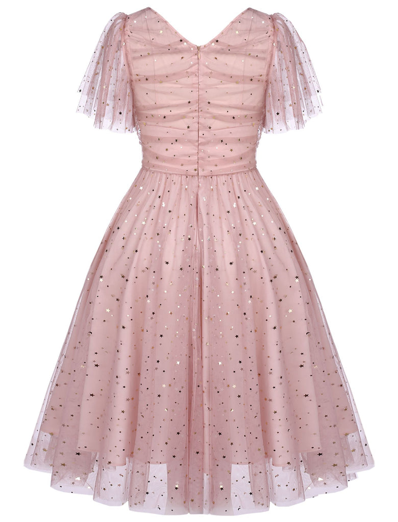 Robe Années 50 Trapèze Rose en Dentelle à Paillettes Étoilées