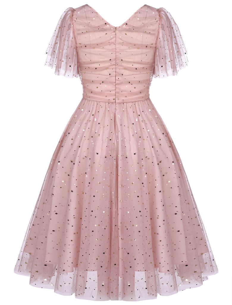 Robe Années 50 Trapèze Rose en Dentelle à Paillettes Étoilées Cocktail