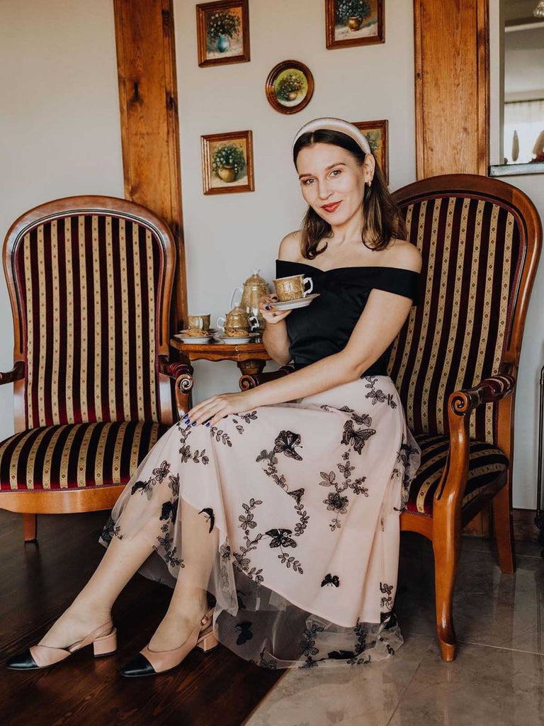 Robe Swing Vintage Année 50 Épaules Nue Papillons Soirée Cocktail Chic