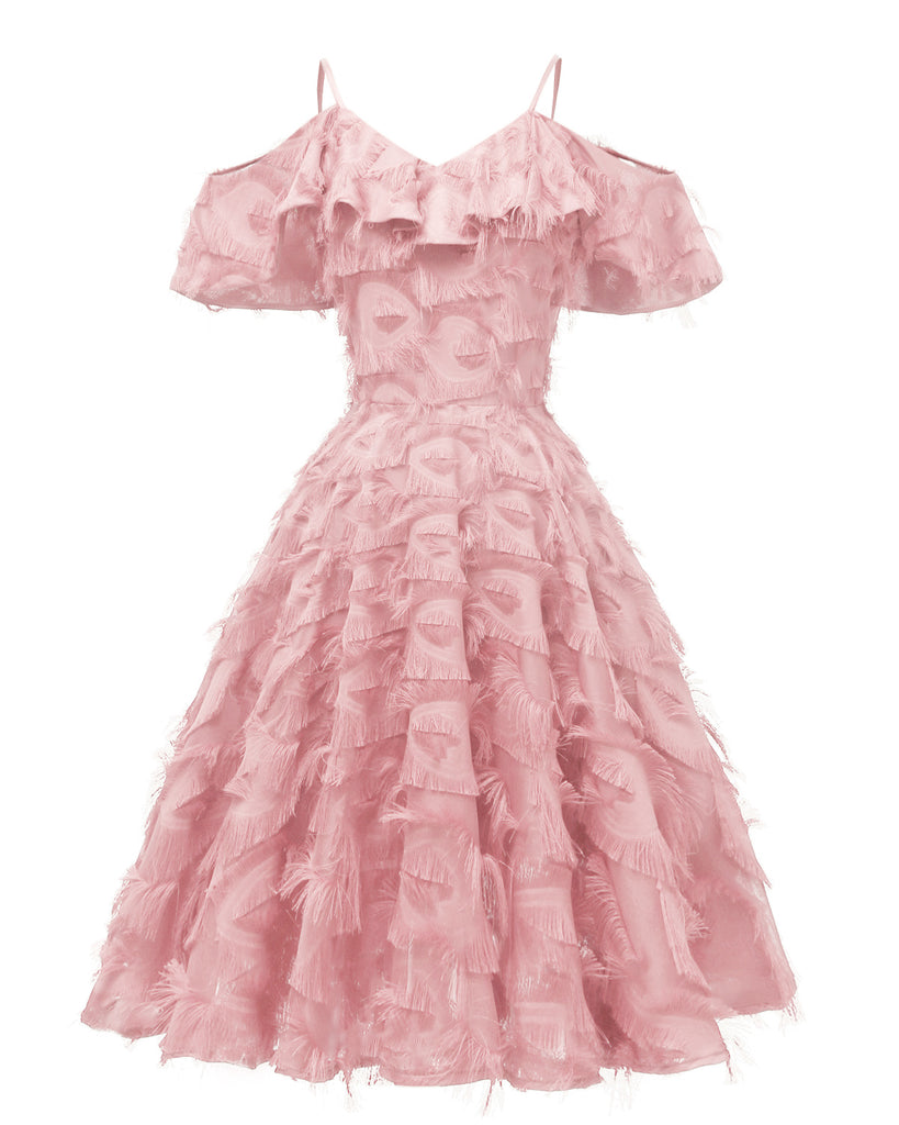 Robe De Soirée Swing Vintage Année 50 à Bretelle Épaule Gland Volant Blanc
