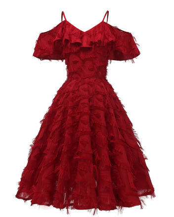 Robe De Soirée Swing Vintage Année 50 à Bretelle Épaule Gland Volant Blanc