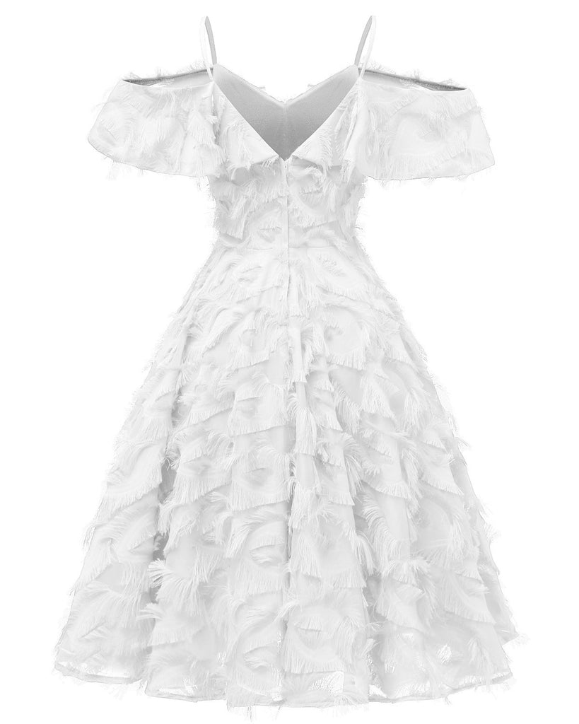 Robe De Soirée Swing Vintage Année 50 à Bretelle Épaule Gland Volant Blanc