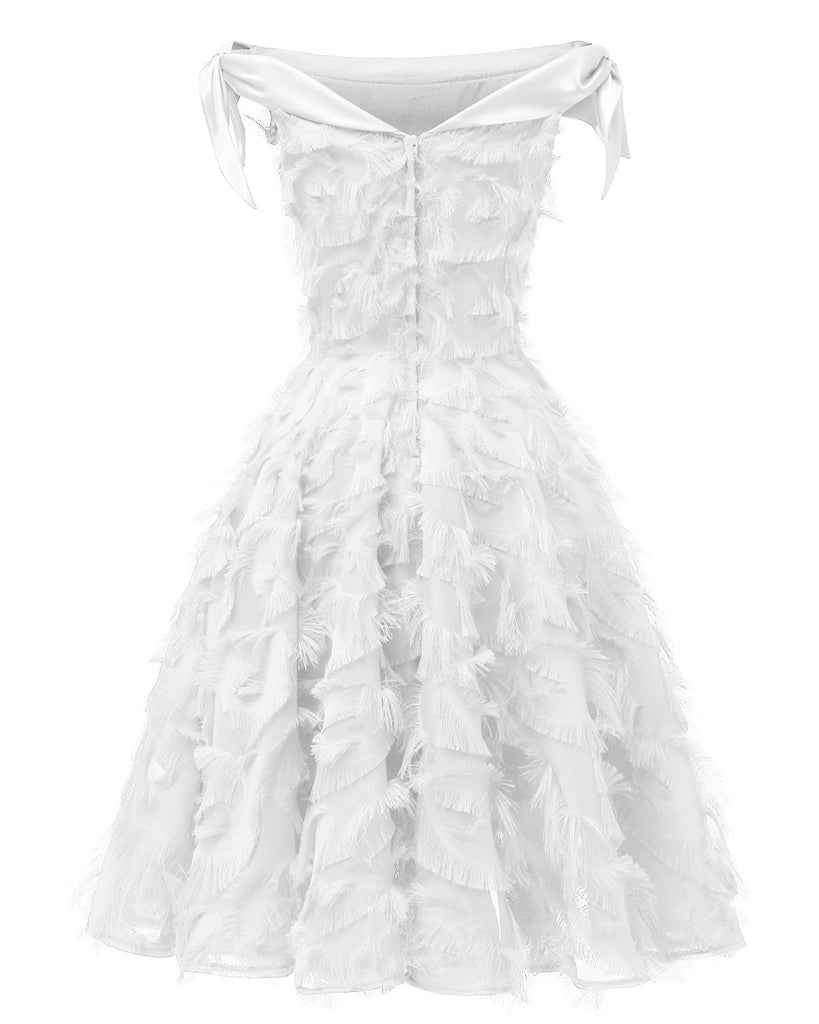 Robe De Soirée Cocktail Swing Vintage Année 50 Épaule Gland À Lacets Blanc