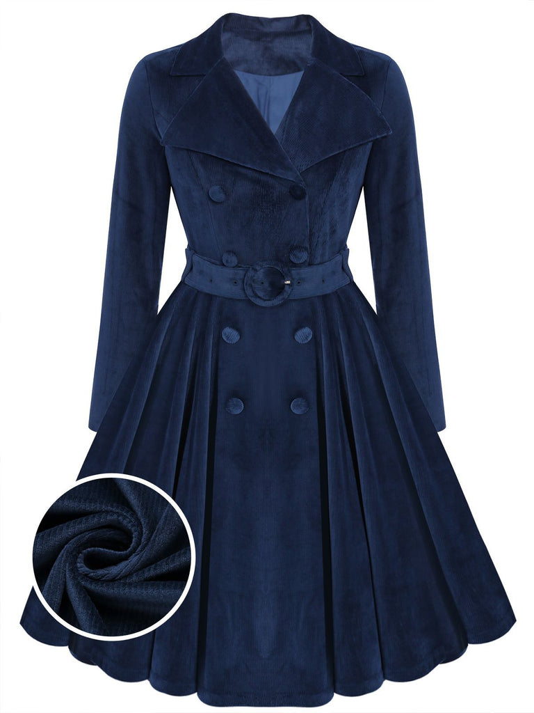 Manteau Long Velours Bleu Marine Années 1950