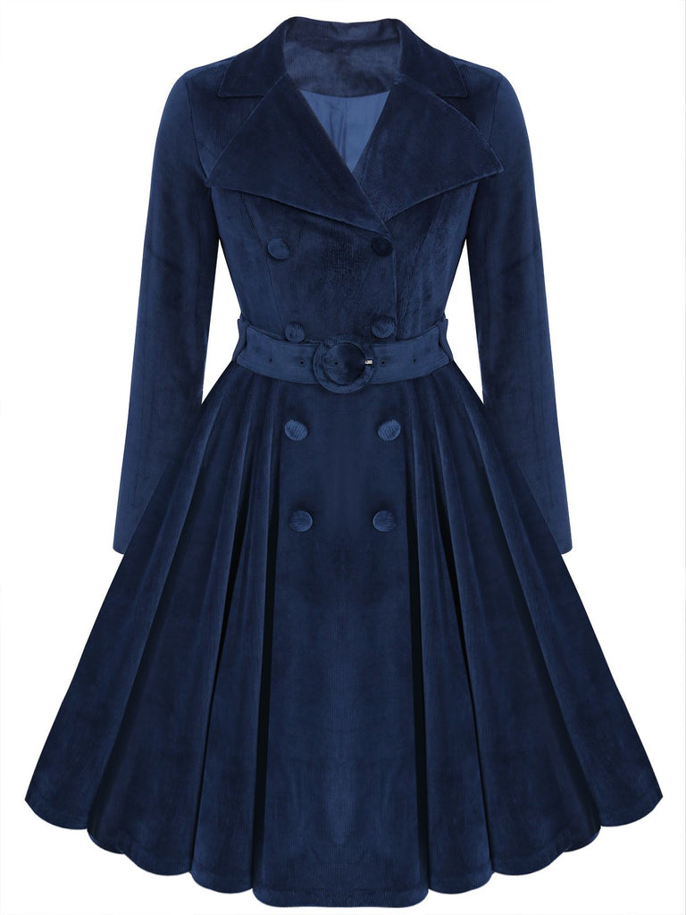 Manteau long grande taille en velours bleu marine des années 1950