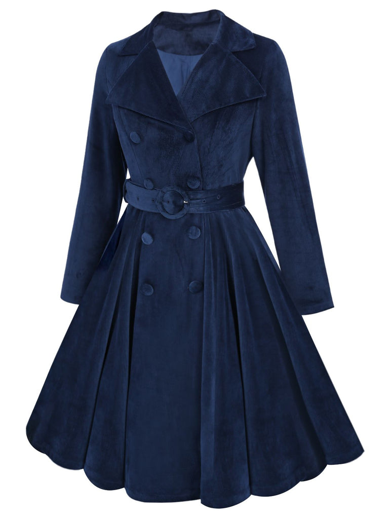 Manteau long grande taille en velours bleu marine des années 1950