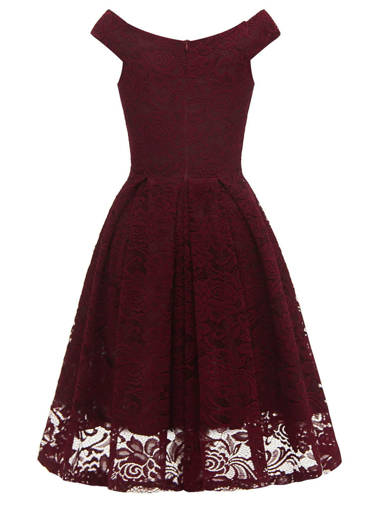 Robe en Dentelle Fleurie Vin Rouge à Col en V des Années 1950