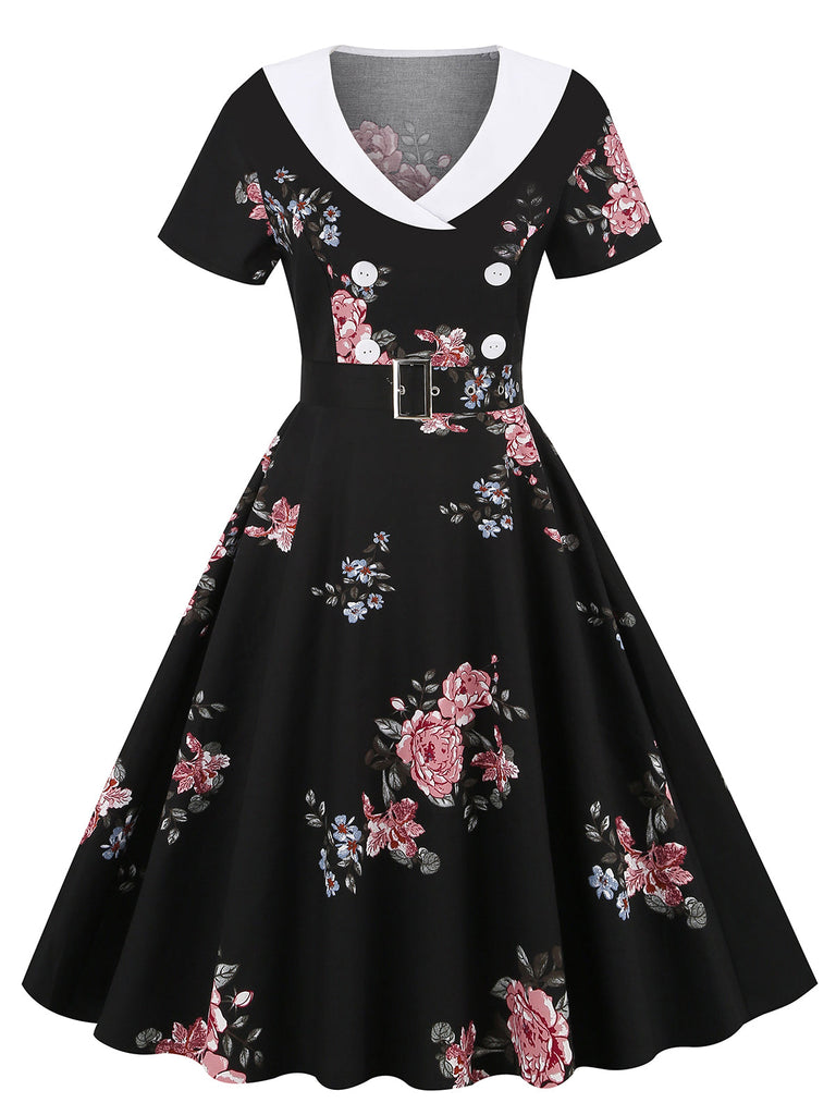 Robe trapèze noire à fleurs années 1950 à revers Cocktail Pin Up