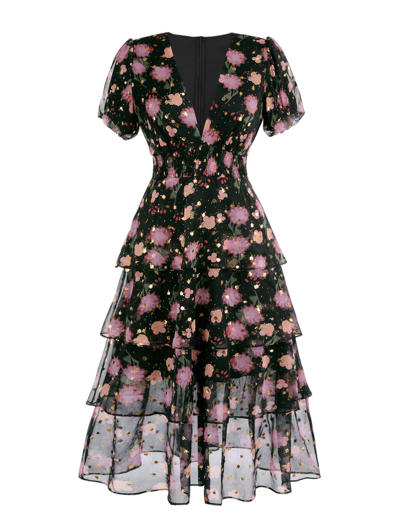 Robe trapèze à fleurs en dentelle noire des années 1950