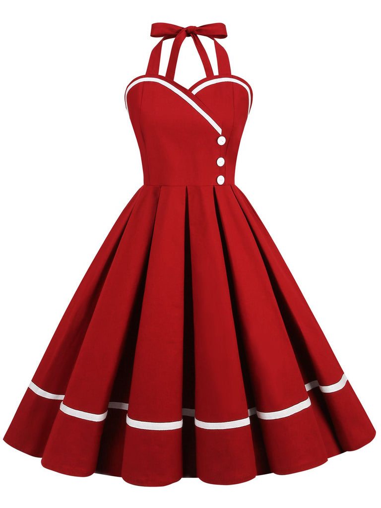 Robe trapèze unie à col licou des années 1950 Rockabilly Pin Up