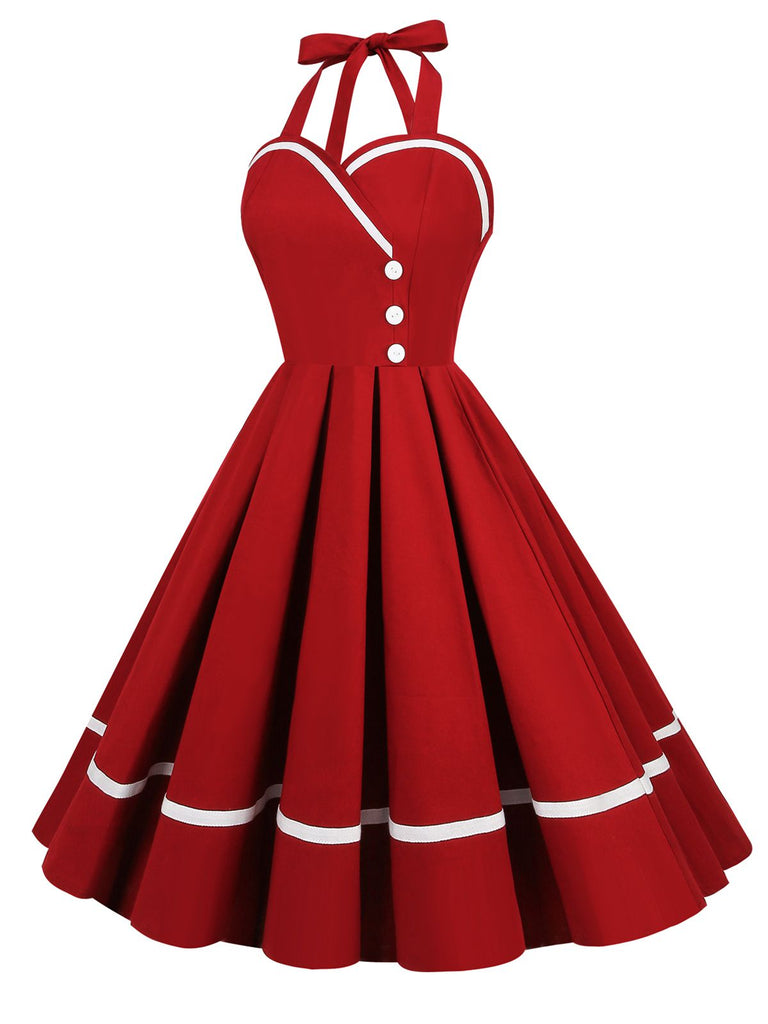Robe trapèze unie à col licou des années 1950 Rockabilly Pin Up
