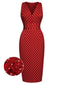 Robe crayon rouge à pois des années 1960 à col en V