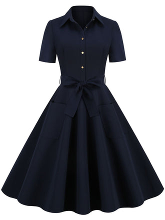 Robe trapÚze bleu marine à lacets et revers des années 1950 Cocktail Chic