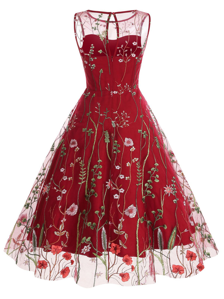 Robe trapèze sans manches en gaze à fleurs des années 1950