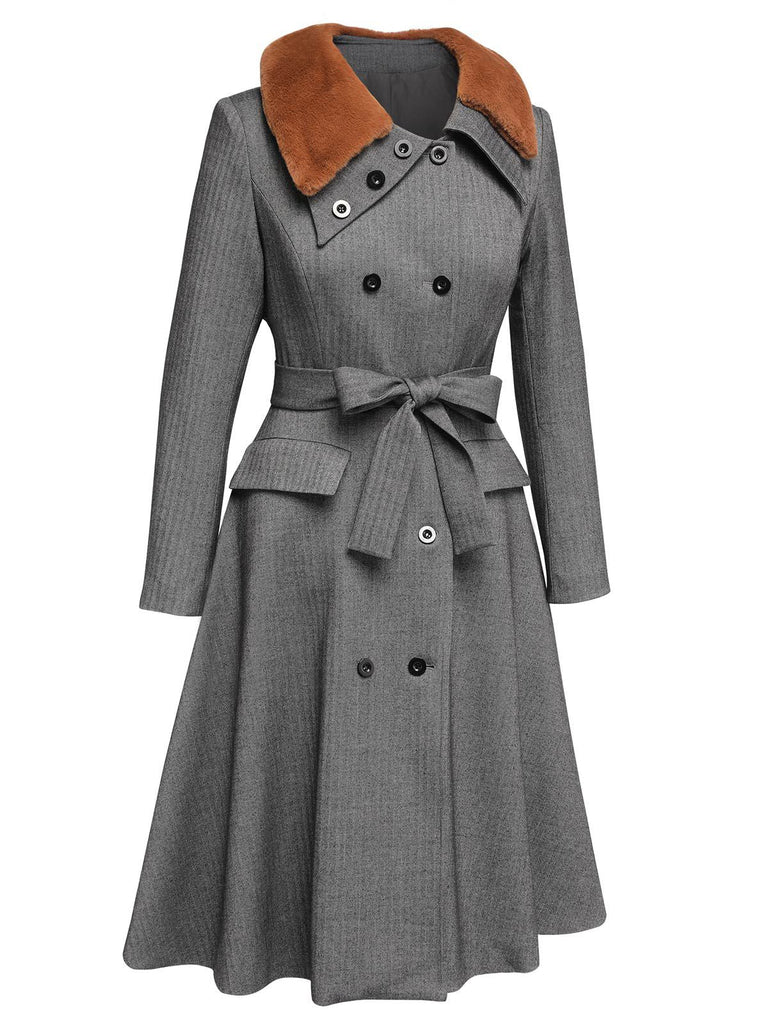 Manteau gris années 1950 en fausse fourrure à revers