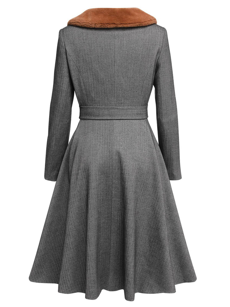 Manteau gris années 1950 en fausse fourrure à revers