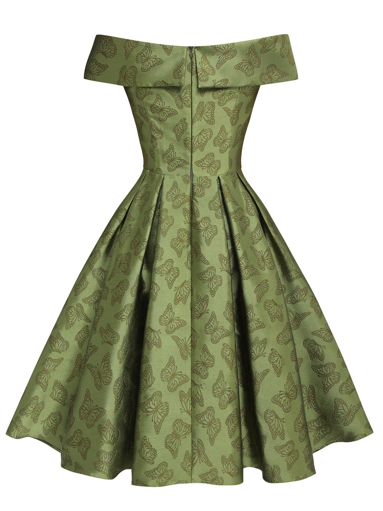 Robe trapèze verte à épaules dénudées et revers des années 1950