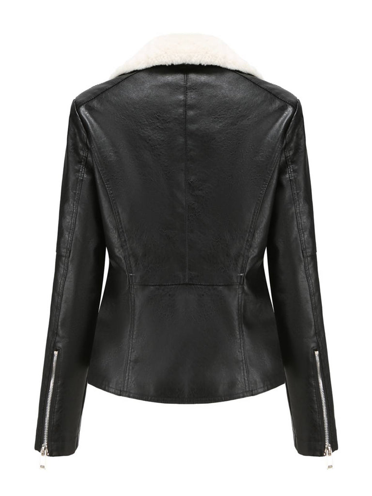 Veste en cuir à col polaire et revers crantés