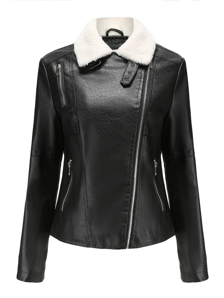 Veste en cuir à col polaire et revers crantés
