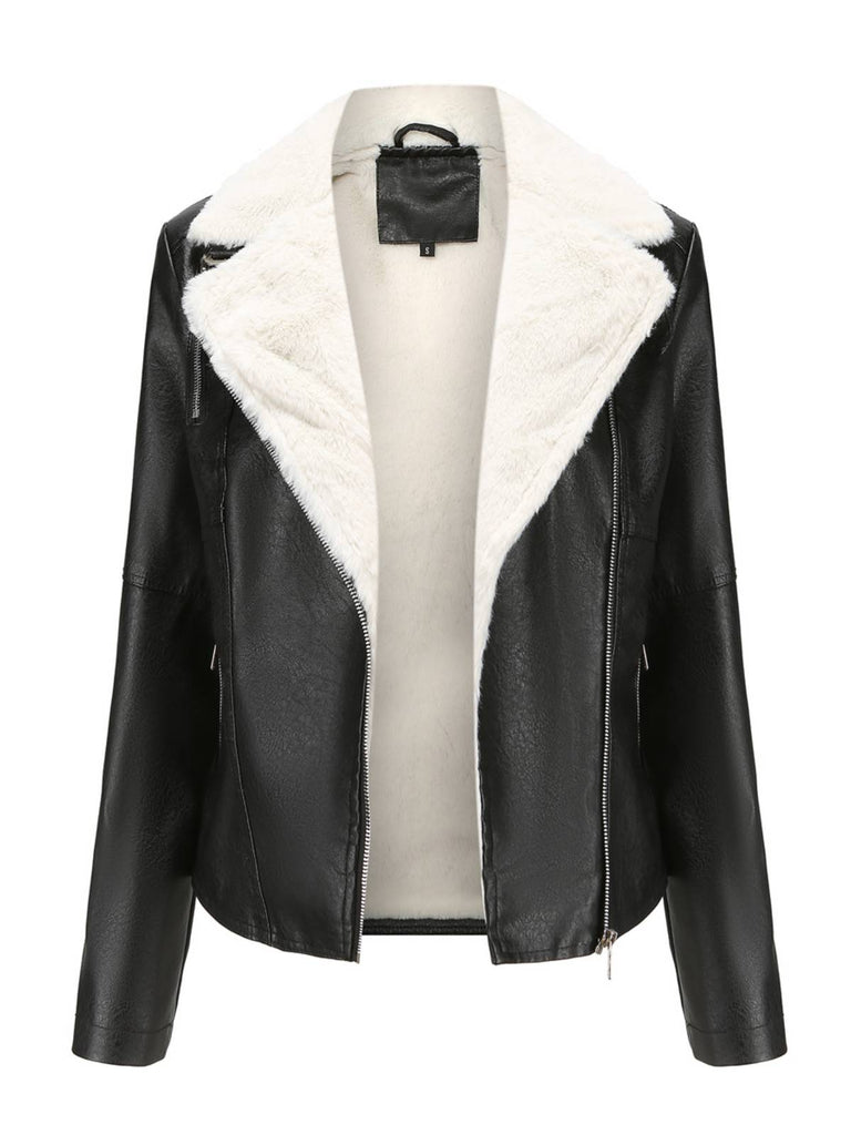 Veste en cuir à col polaire et revers crantés