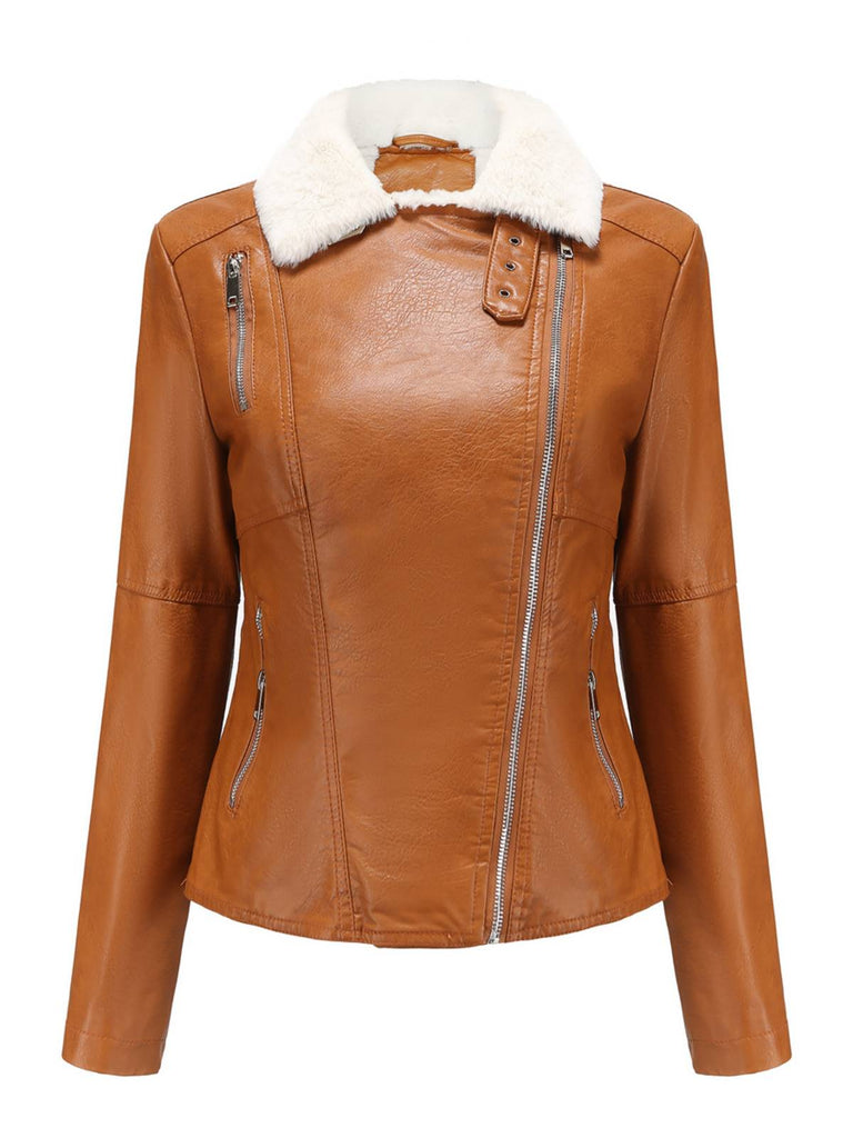 Veste en cuir à col polaire et revers crantés
