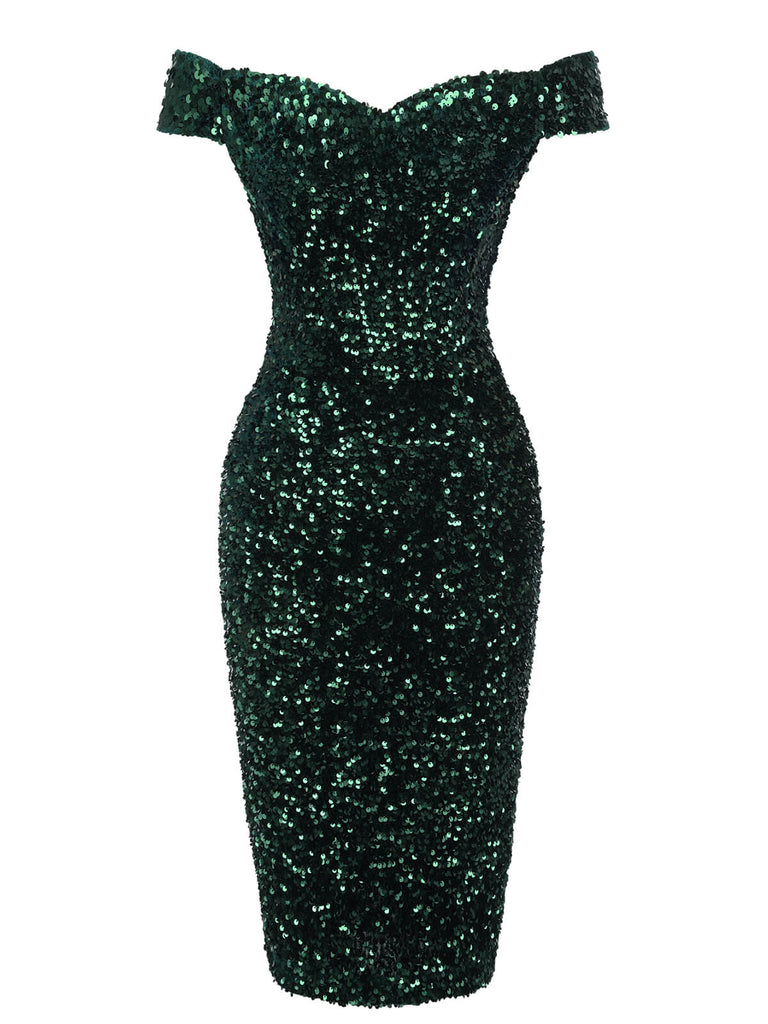 Robe crayon verte à épaules dénudées à paillettes des années 1960