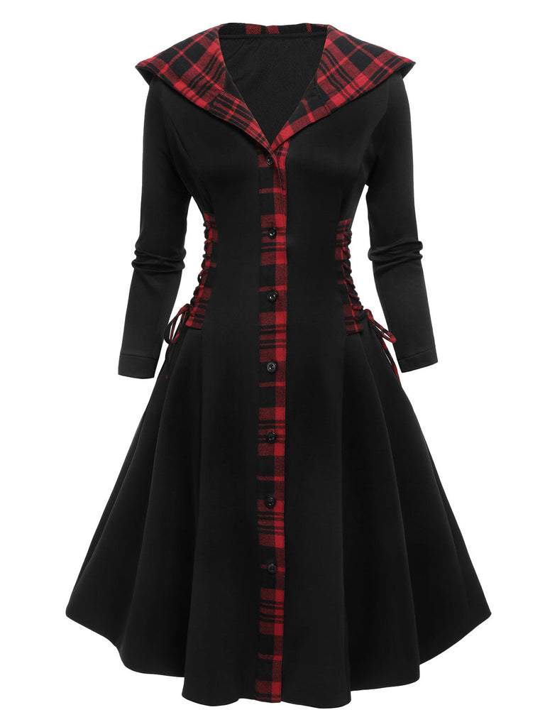 Robe trapèze noire à capuche années 1950 à carreaux