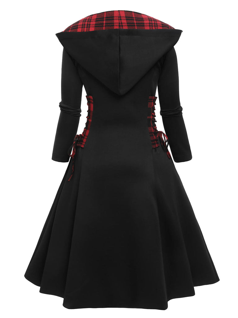 Robe trapèze noire à capuche années 1950 à carreaux