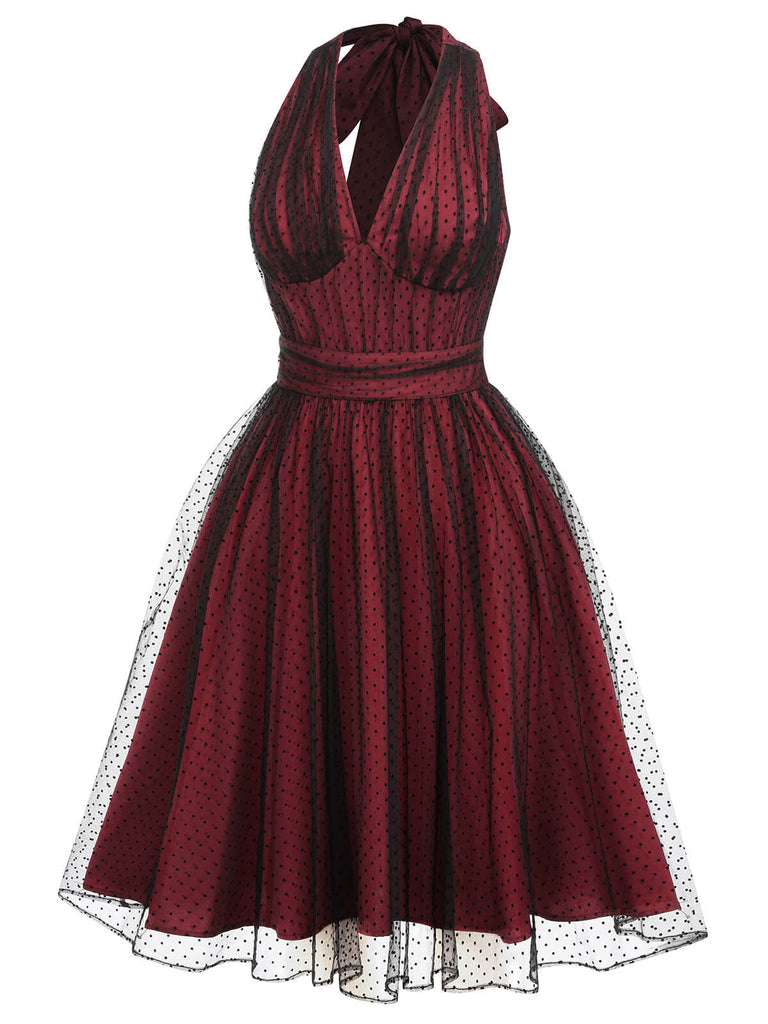 Robe trapèze rouge années 50 en maille à pois cocktail chic