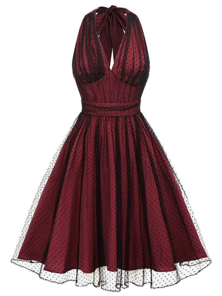 Robe trapèze rouge années 50 en maille à pois cocktail chic