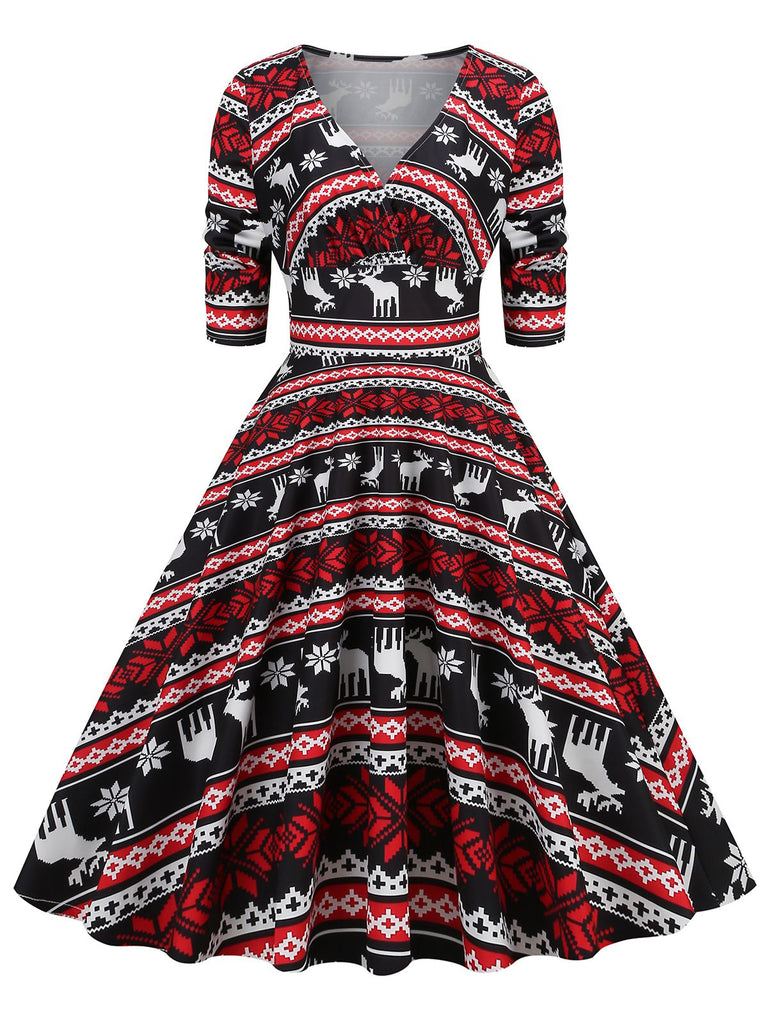 Robe de Noël patchwork à col en V des années 1950
