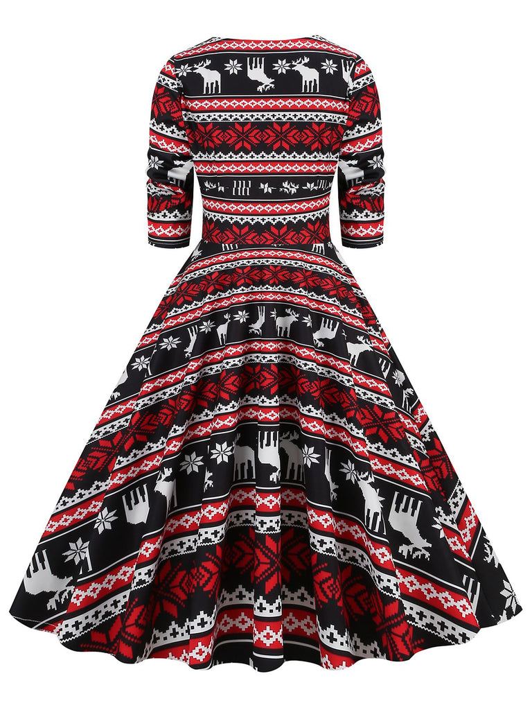 Robe de Noël patchwork à col en V des années 1950