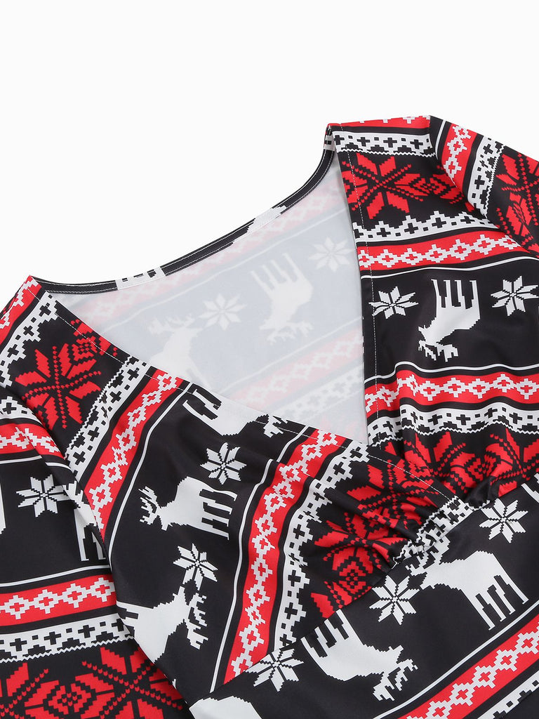 Robe de Noël patchwork à col en V des années 1950
