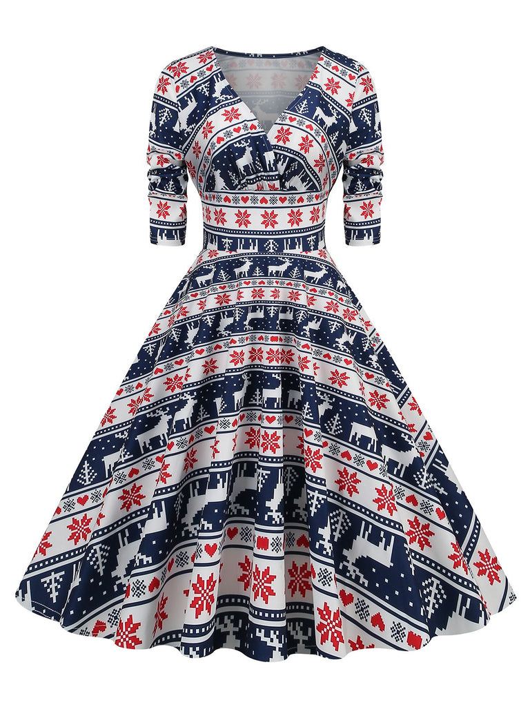 Robe de Noël patchwork à col en V des années 1950