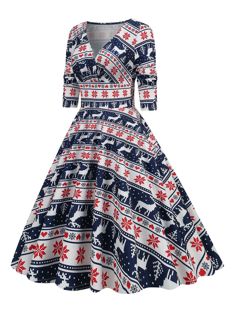 Robe de Noël patchwork à col en V des années 1950