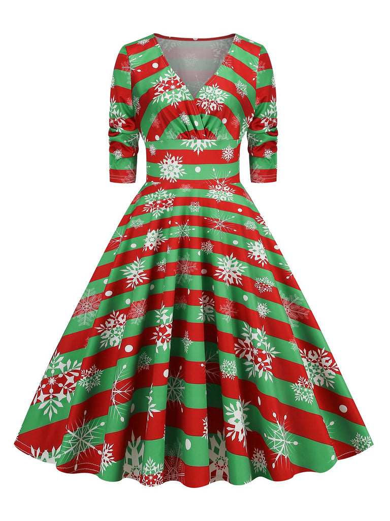 Robe de Noël patchwork à col en V des années 1950