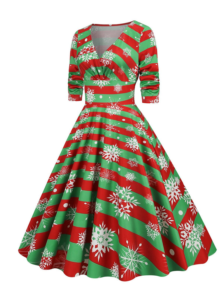 Robe de Noël patchwork à col en V des années 1950