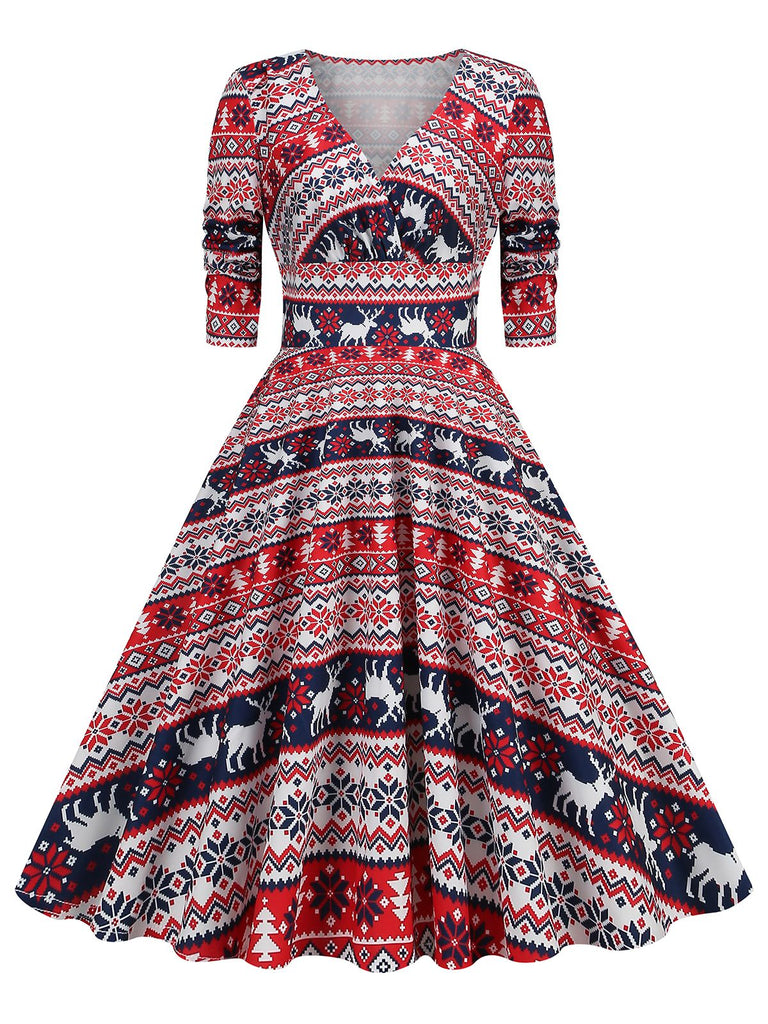 Robe de Noël patchwork à col en V des années 1950
