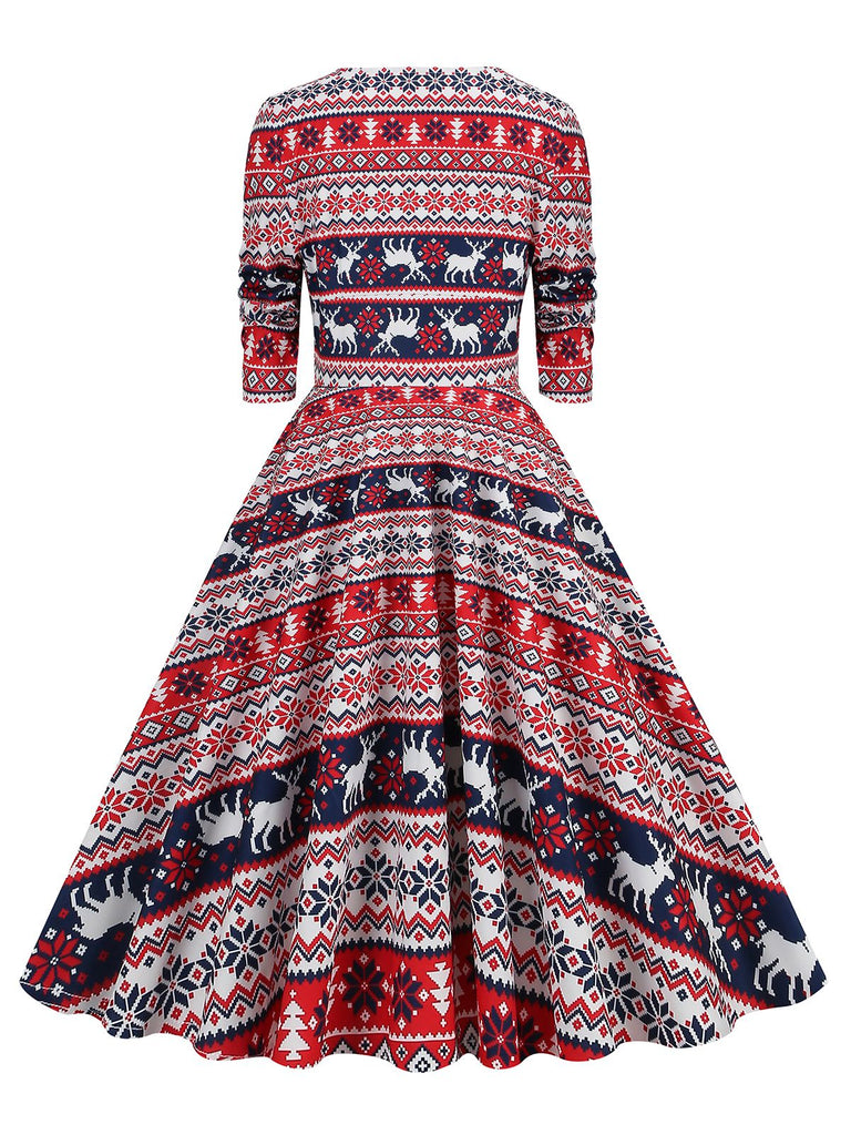 Robe de Noël patchwork à col en V des années 1950